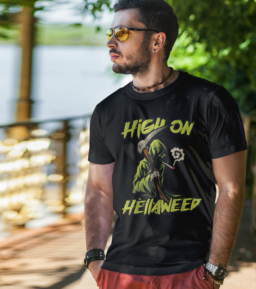 High On Hellaweed Grim Reaper Smoking Weed THC CBD T-Shirt