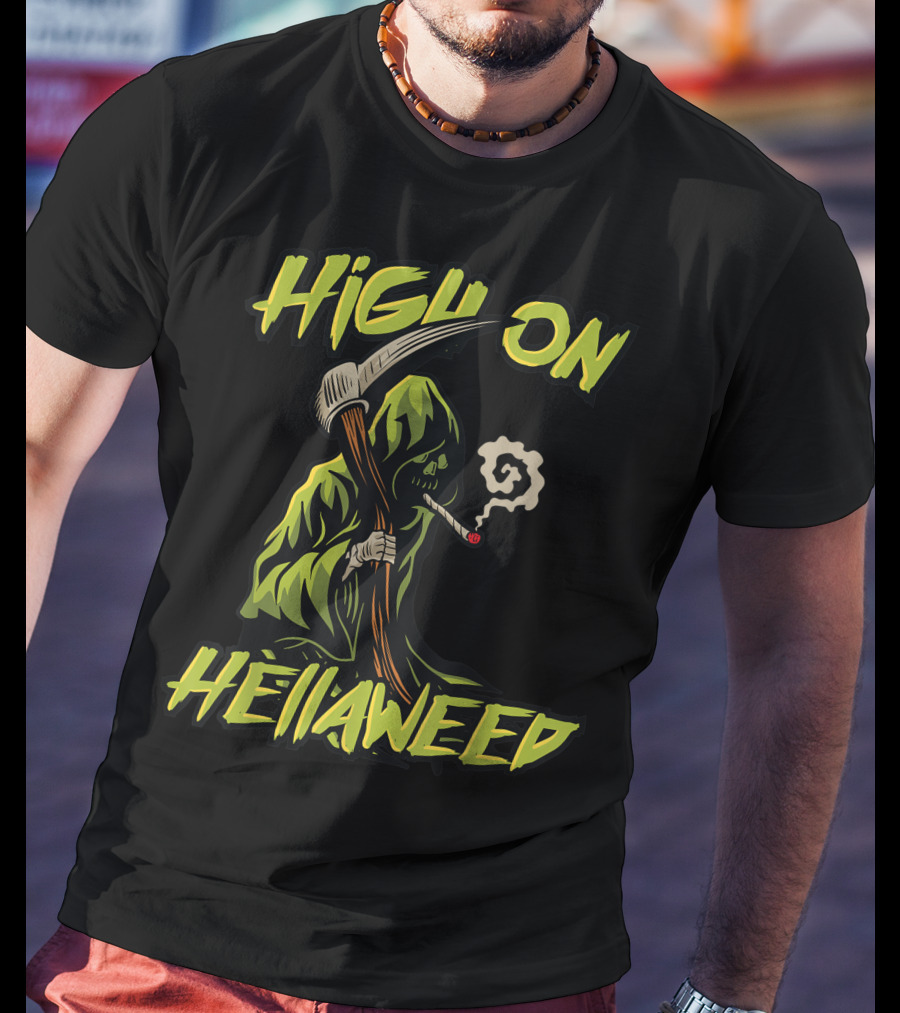 High On Hellaweed Grim Reaper Smoking Weed THC CBD T-Shirt