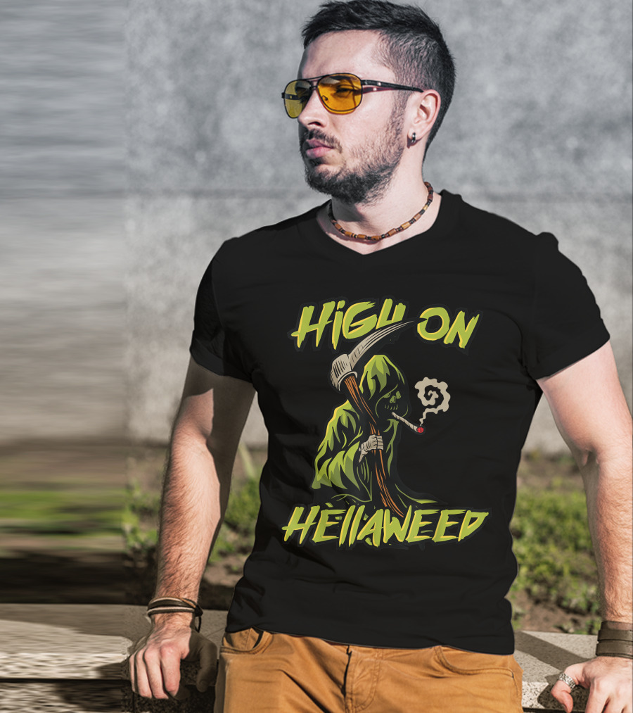High On Hellaweed Grim Reaper Smoking Weed THC CBD T-Shirt