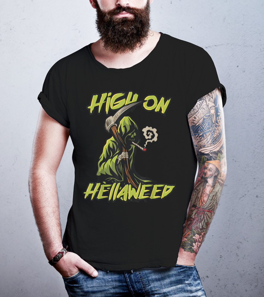 High On Hellaweed Grim Reaper Smoking Weed THC CBD T-Shirt