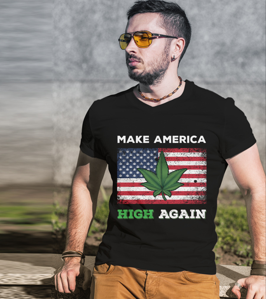 Make America High Again Pot Leaf USA Flag Weed Marijuana T-Shirt