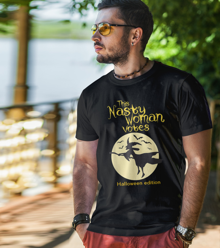 This Nasty Woman Votes Halloween Edition Feminism Witch And Bats Moon T-Shirt
