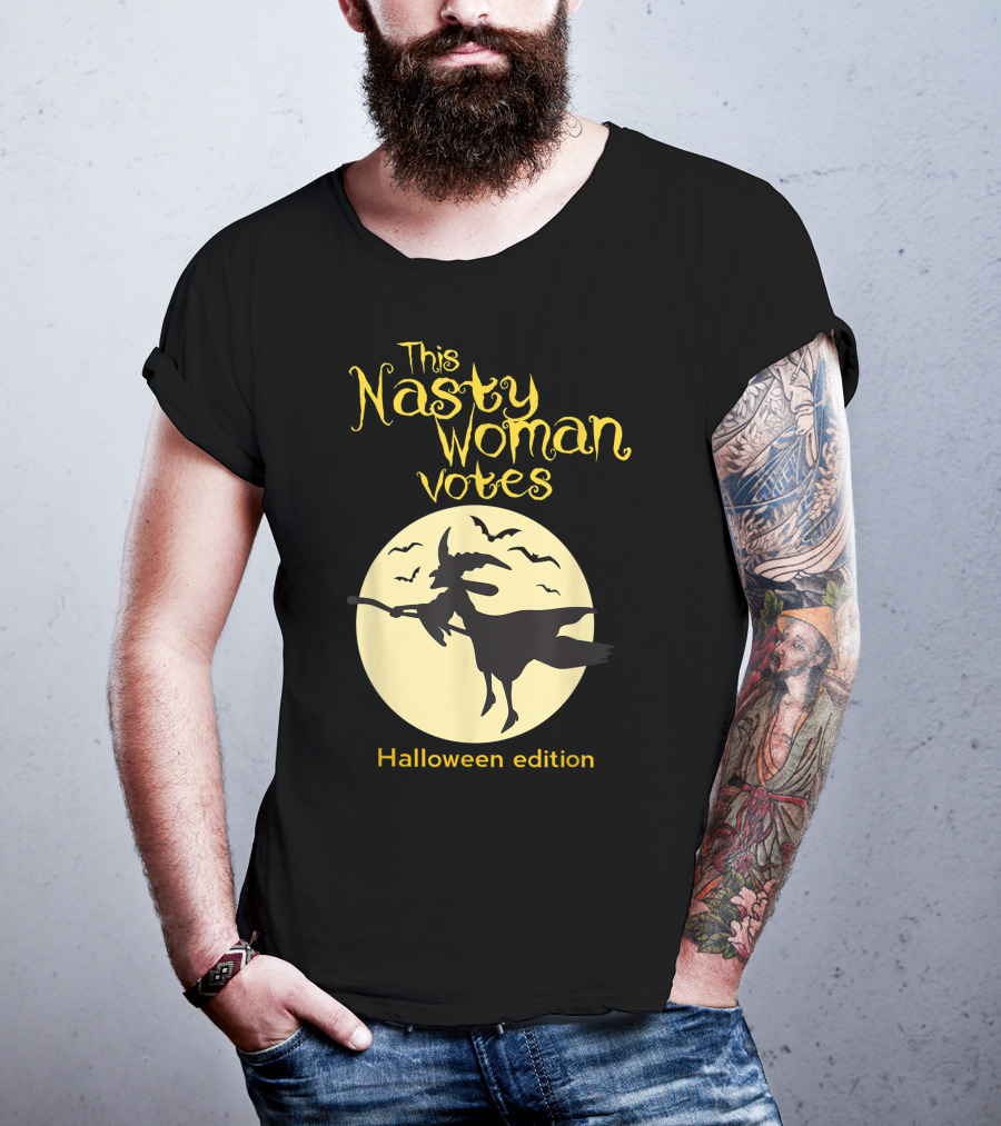 This Nasty Woman Votes Halloween Edition Feminism Witch And Bats Moon T-Shirt