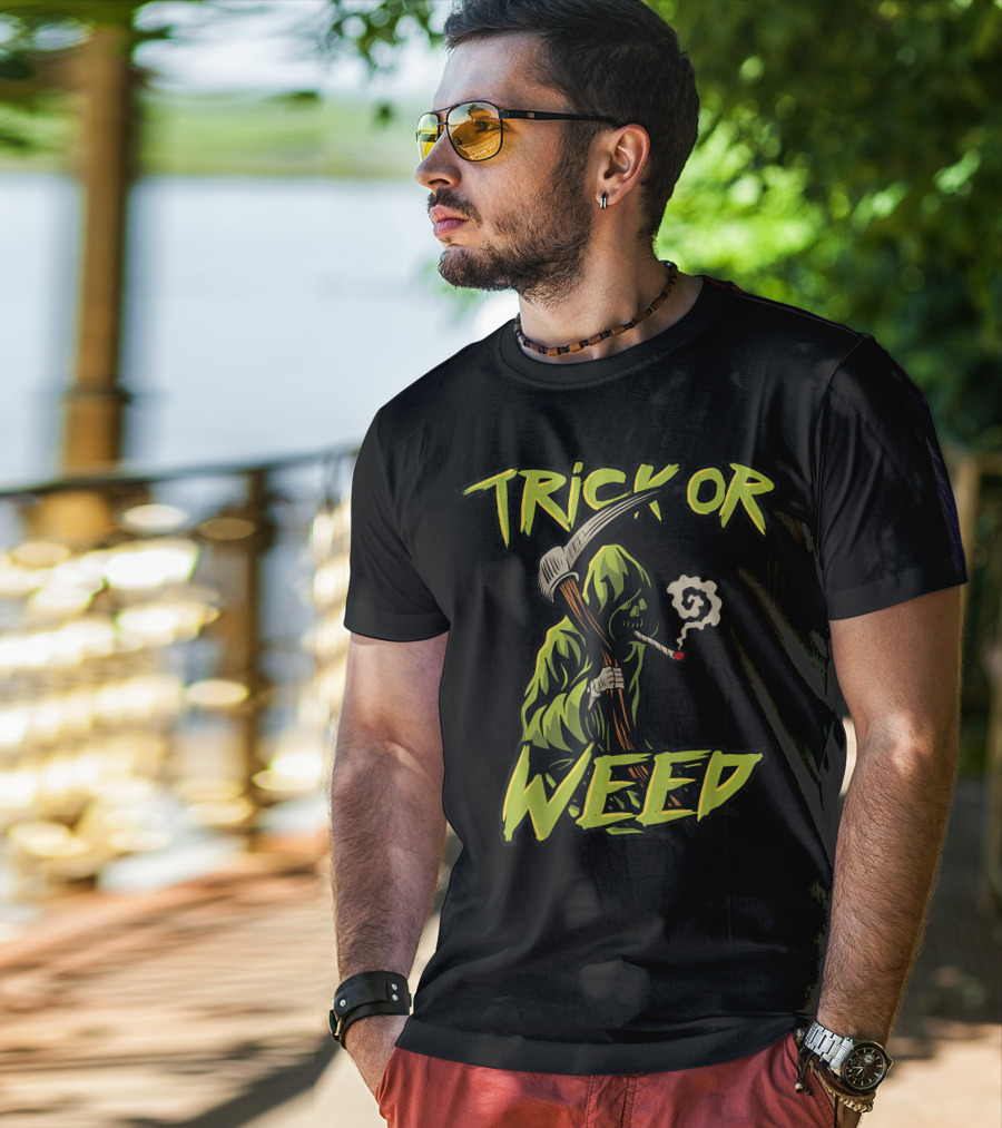 Trick Or Weed Grim Reaper Smoking Cannabis Joint T-Shirt