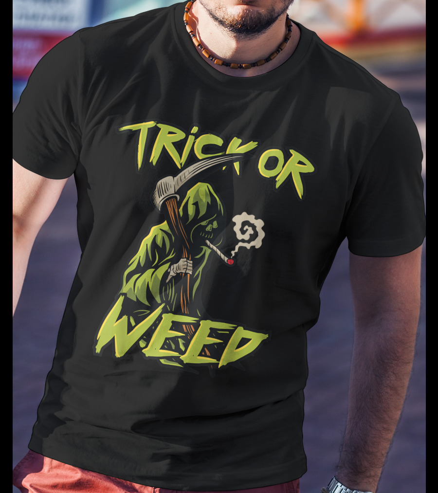 Trick Or Weed Grim Reaper Smoking Cannabis Joint T-Shirt