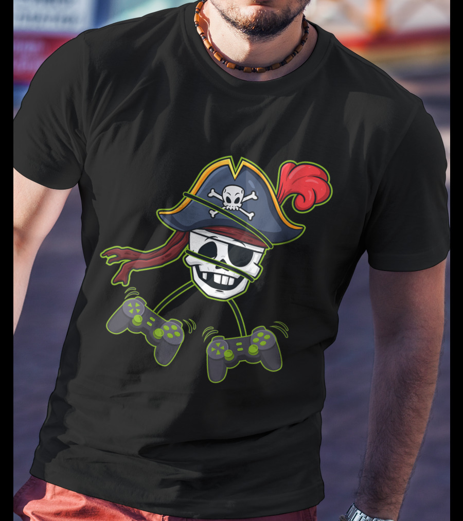 Halloween Pirate Skeleton Gamer With Controller Hat And Crossbones T-Shirt