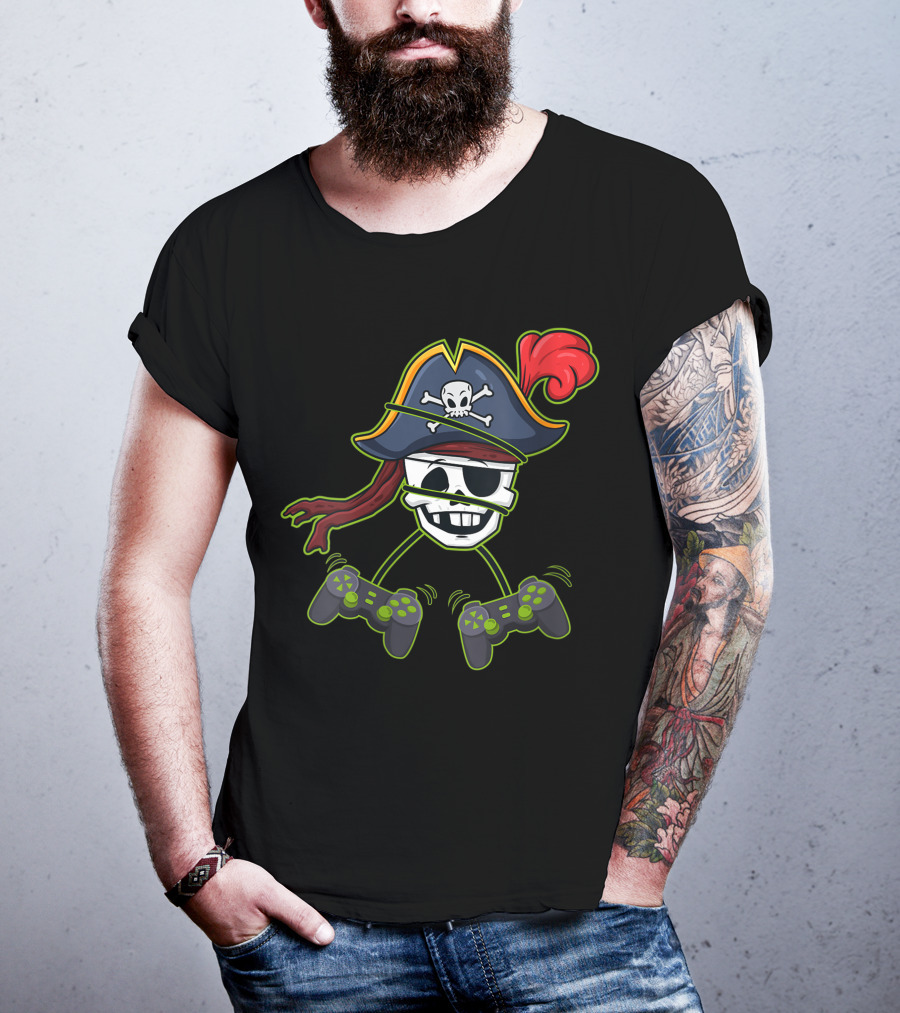 Halloween Pirate Skeleton Gamer With Controller Hat And Crossbones T-Shirt