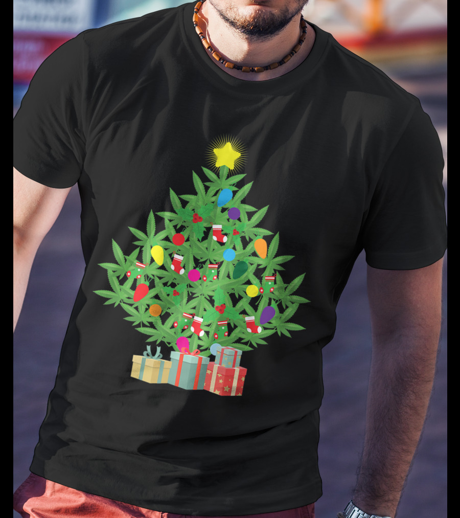 Cannabis Leaf Christmas Tree With Star And Colorful Holiday Lights T-Shirt