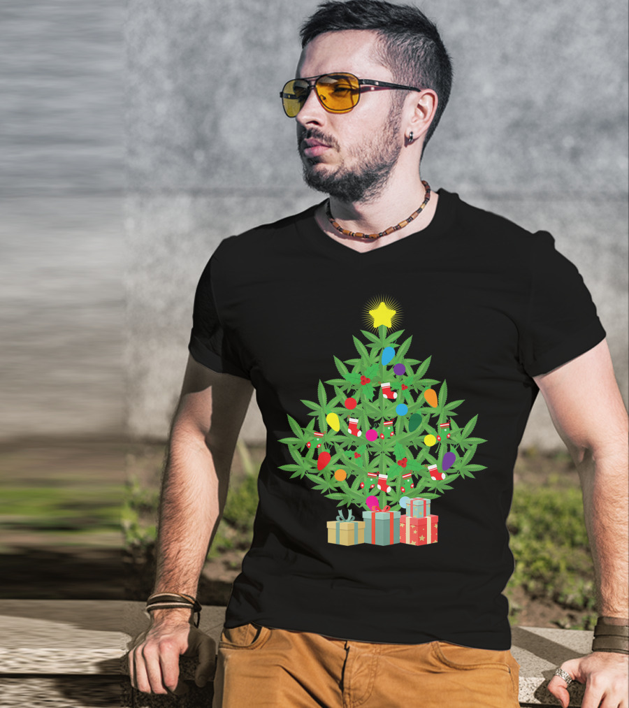 Cannabis Leaf Christmas Tree With Star And Colorful Holiday Lights T-Shirt