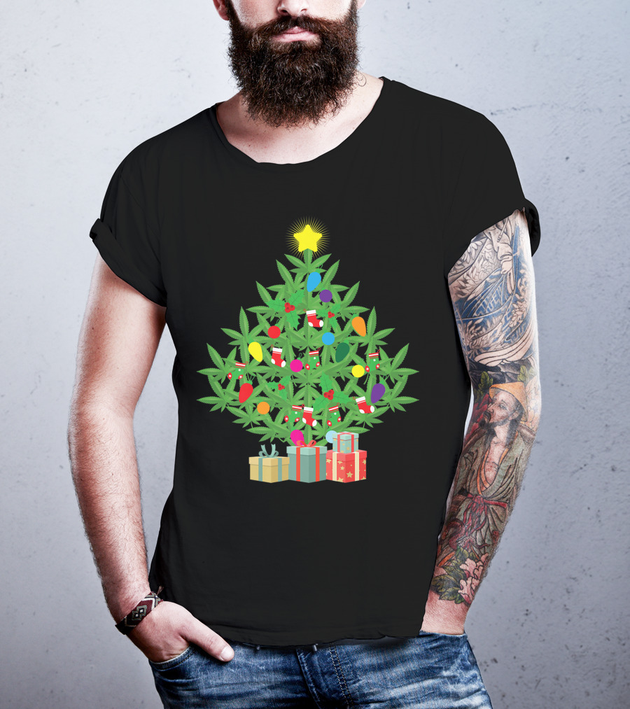 Cannabis Leaf Christmas Tree With Star And Colorful Holiday Lights T-Shirt