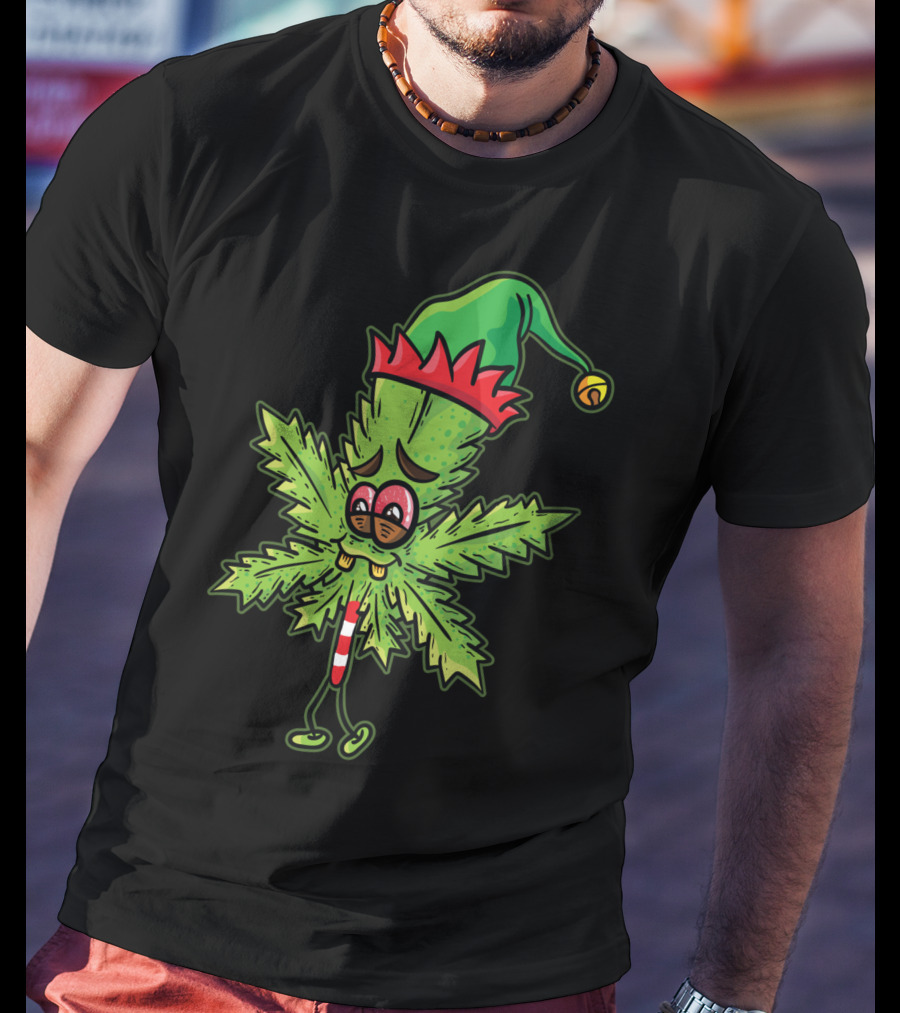 Stoned Elf Cannabis Leaf With Festive Hat Smoking Weed Elves T-Shirt