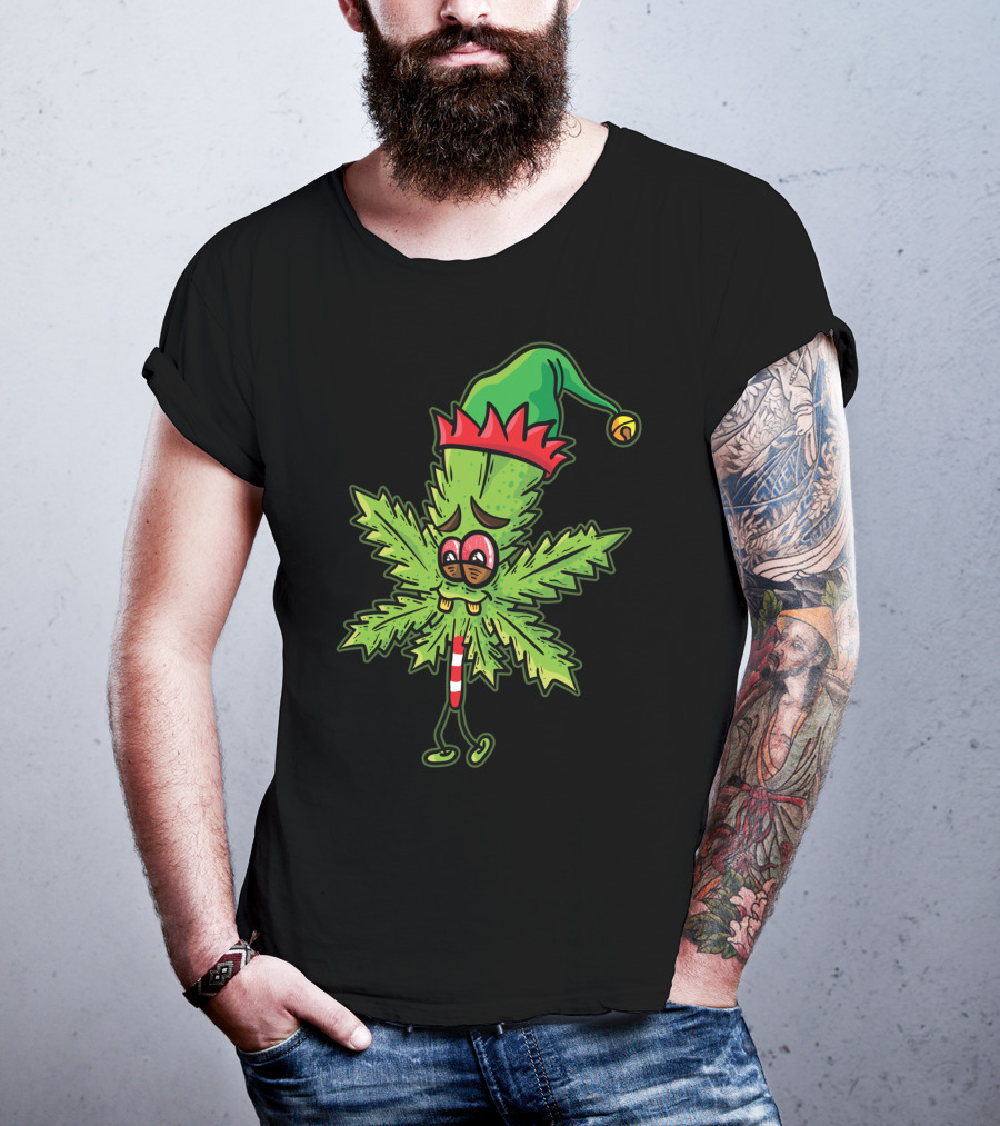 Stoned Elf Cannabis Leaf With Festive Hat Smoking Weed Elves T-Shirt
