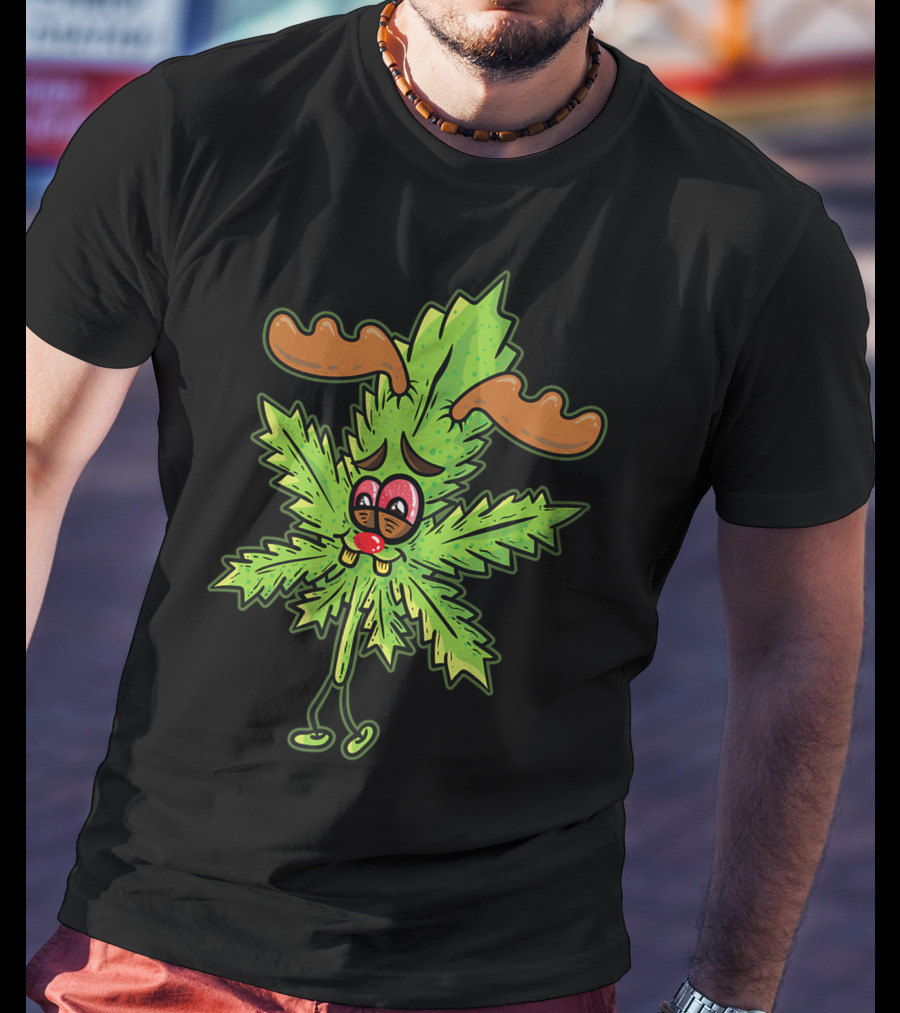 Cannabis Leaf Stoned Reindeer Weed Smoking Rudolph Marijuana Leaf Antlers T-Shirt