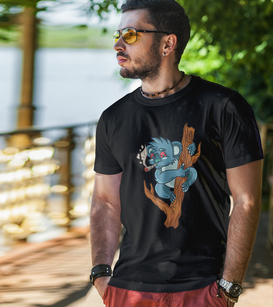 Koala Smoking Weed Cannabis Stoner Marihuana Bear Don't Care Trippy Eyes Tree Hugging T-Shirt