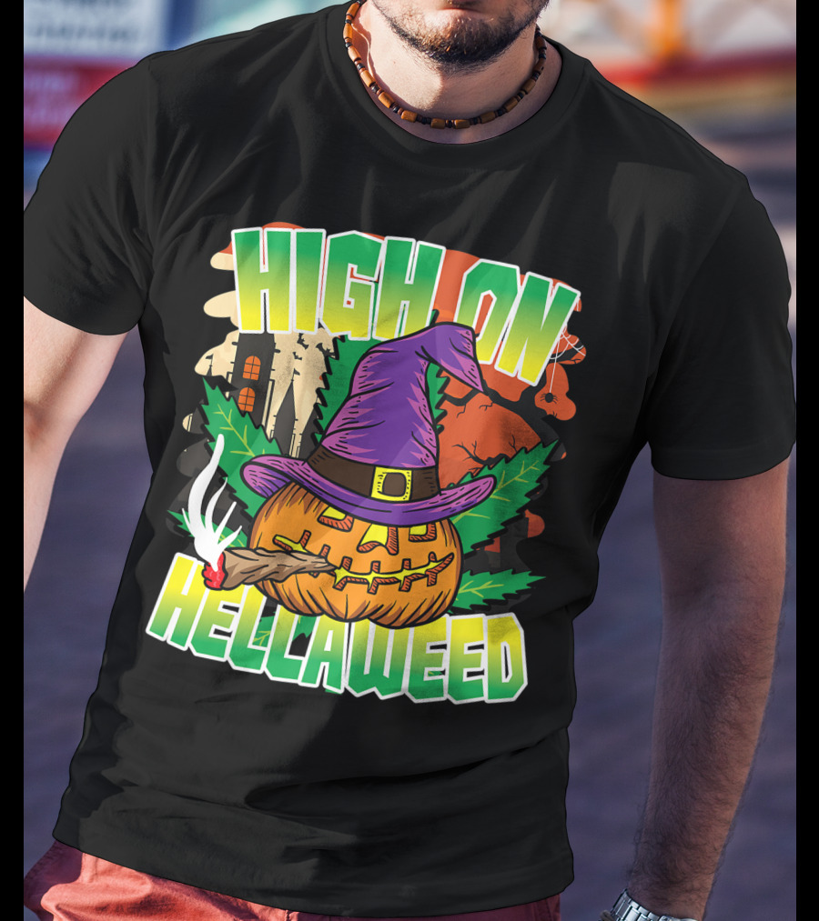 High On Hellaweed Pumpkin Smoking Weed THC Halloween Stoner T-Shirt