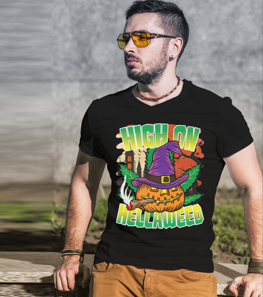 High On Hellaweed Pumpkin Smoking Weed THC Halloween Stoner T-Shirt