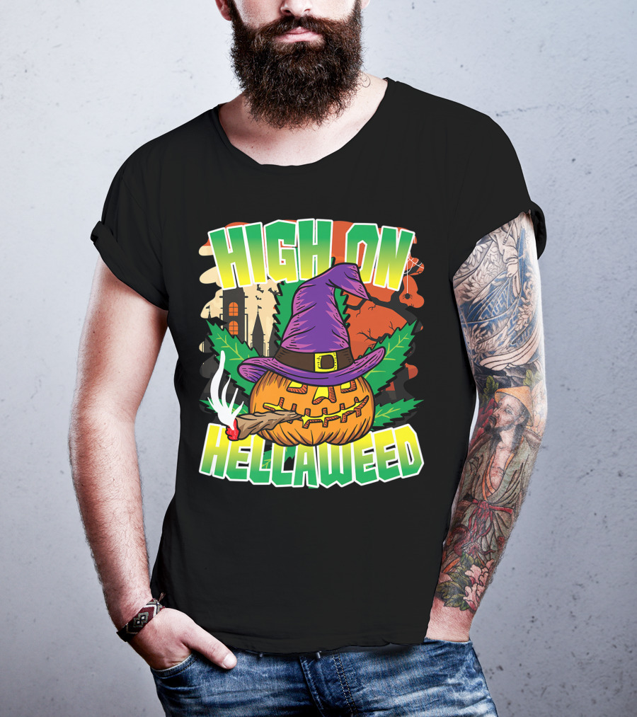 High On Hellaweed Pumpkin Smoking Weed THC Halloween Stoner T-Shirt