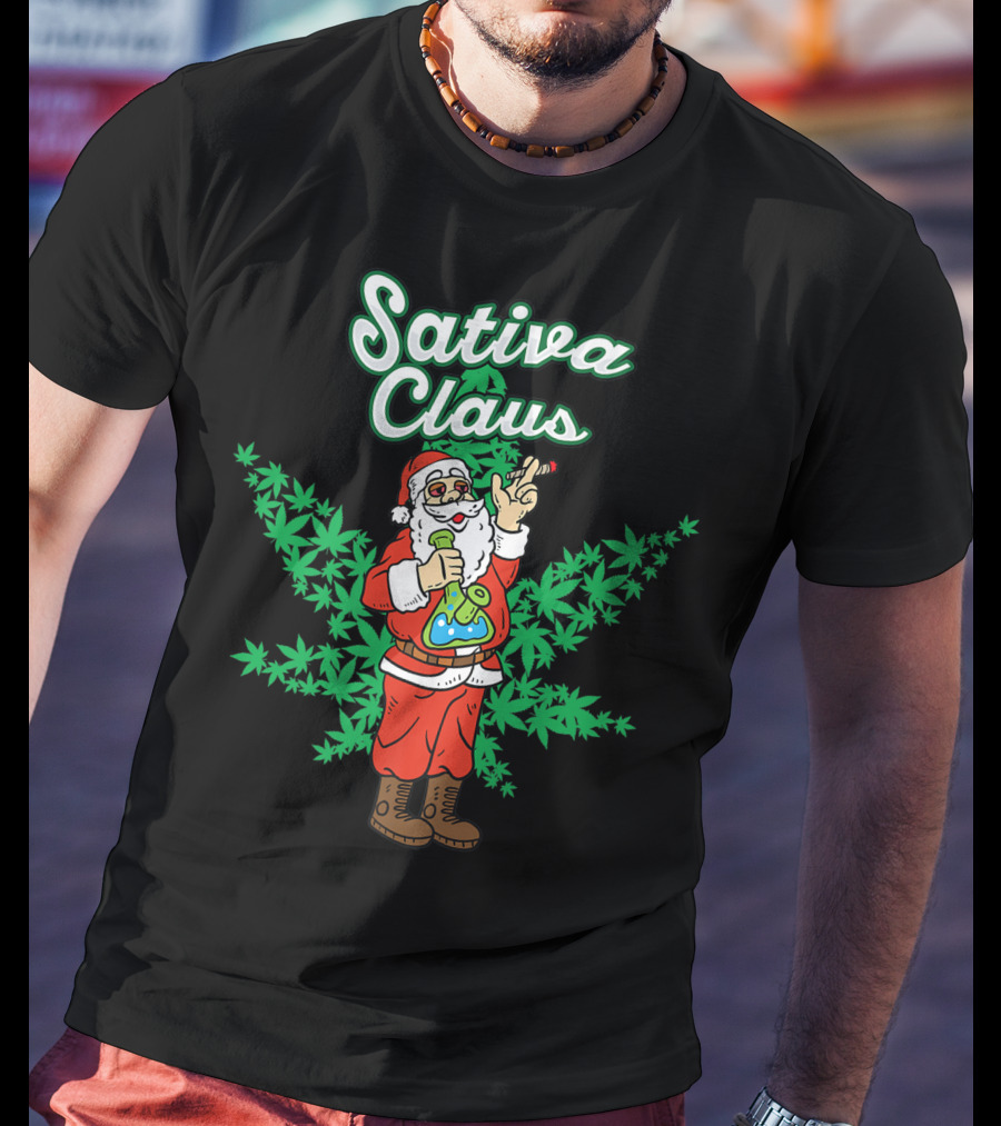 Sativa Claus Cannabis Marijuana Smoking Santa With Weed Leaves T-Shirt