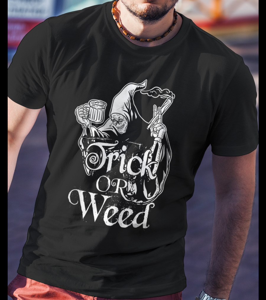 Trick Or Weed Skeleton Grim Reaper Smoking Ganja T-Shirt