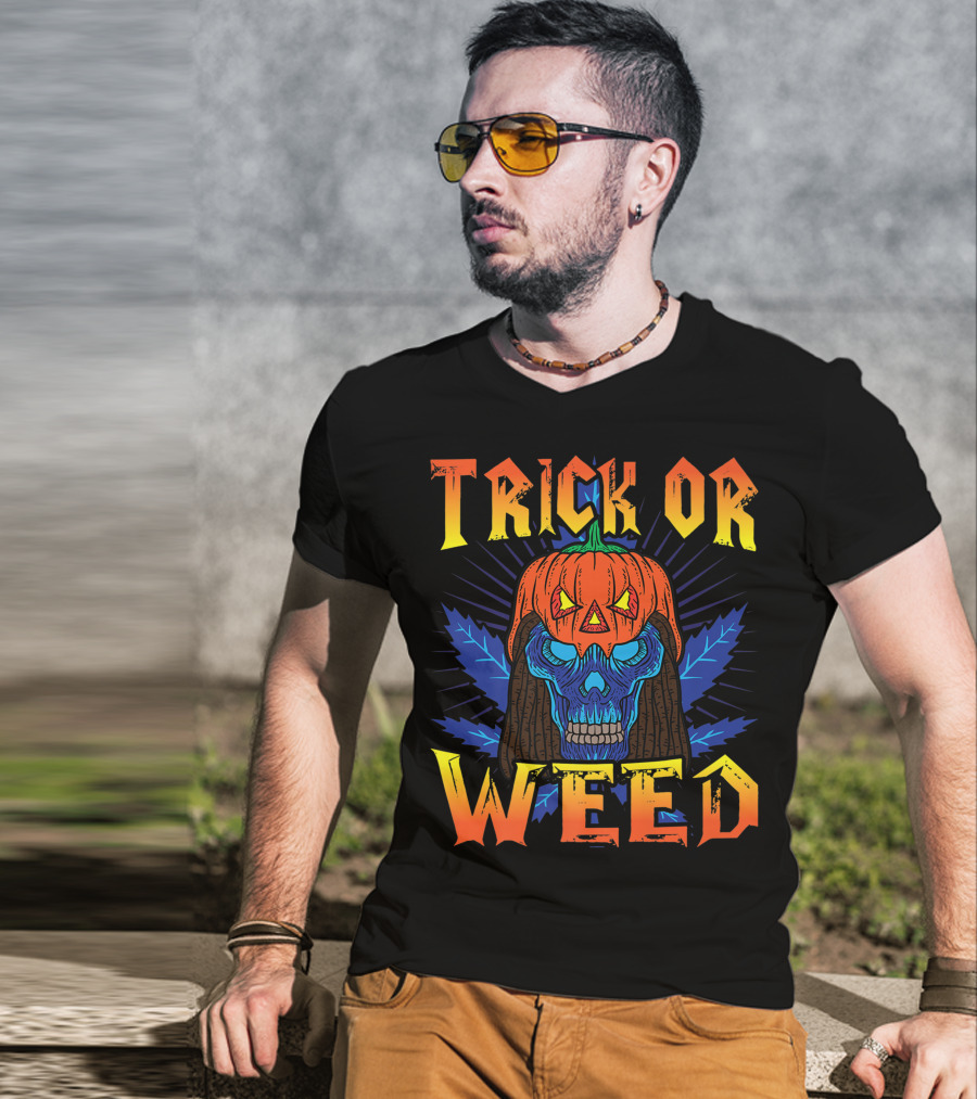 Trick Or Weed Pumpkin Skull Smoking Cannabis THC Halloween Stoner T-Shirt