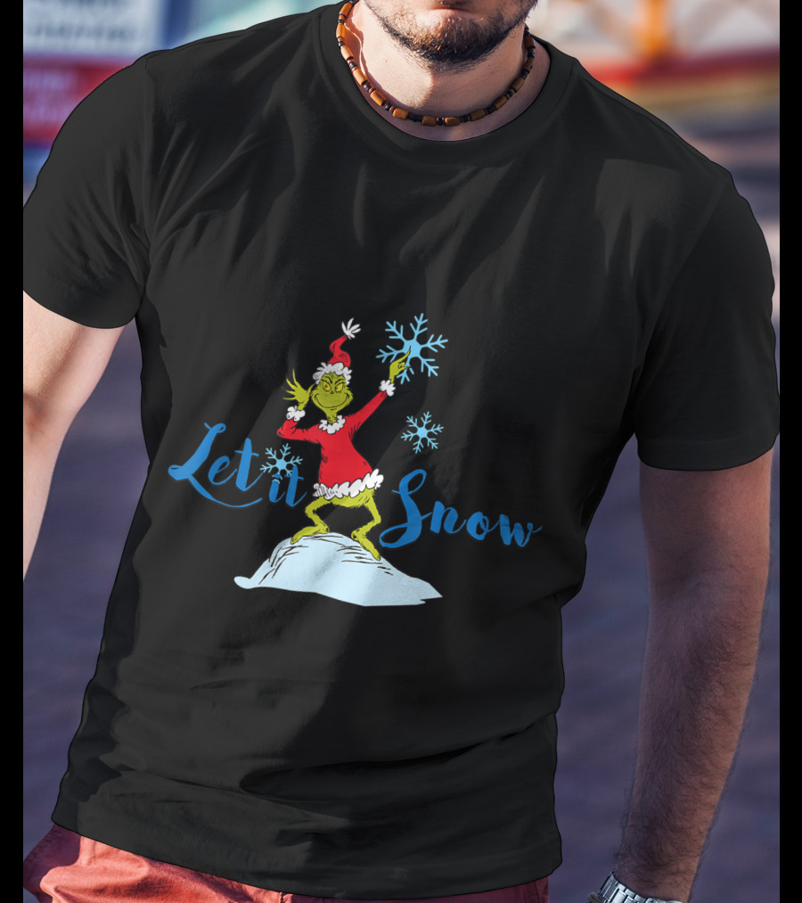 Grinch In Santa Outfit Holding Snowflakes Let It Snow T-Shirt
