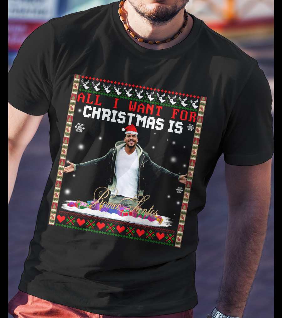 All I Want For Christmas Is Romeo Santos Santa Hat Snowflakes Hearts T-Shirt