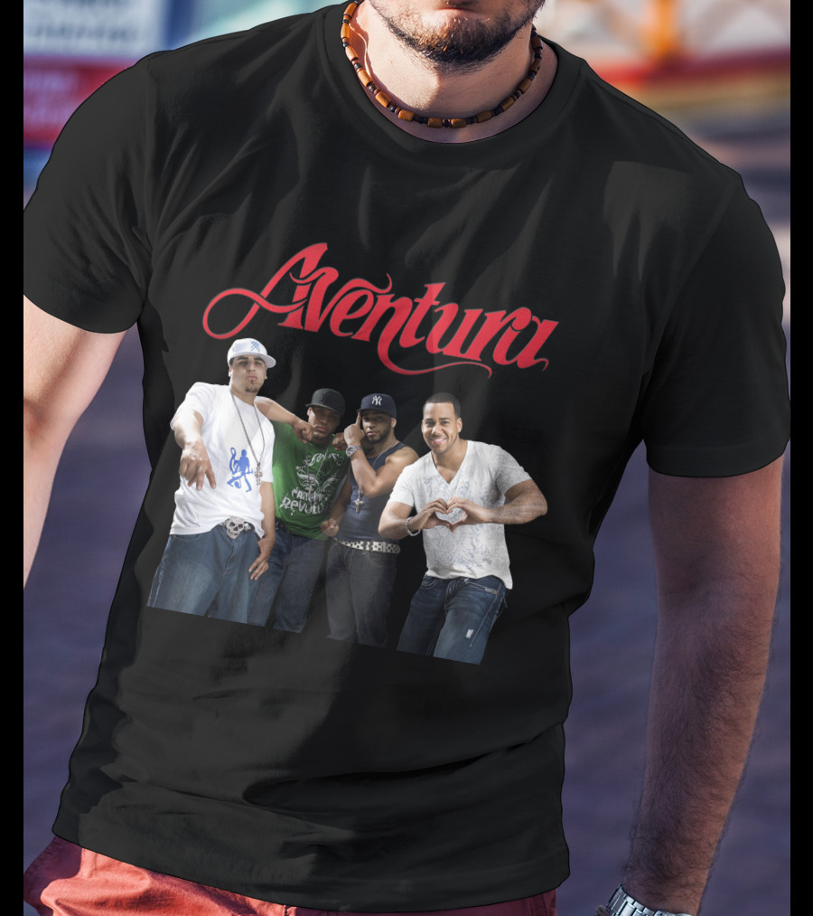 Aventura Band Red Script Logo Casual Group Photo T-Shirt