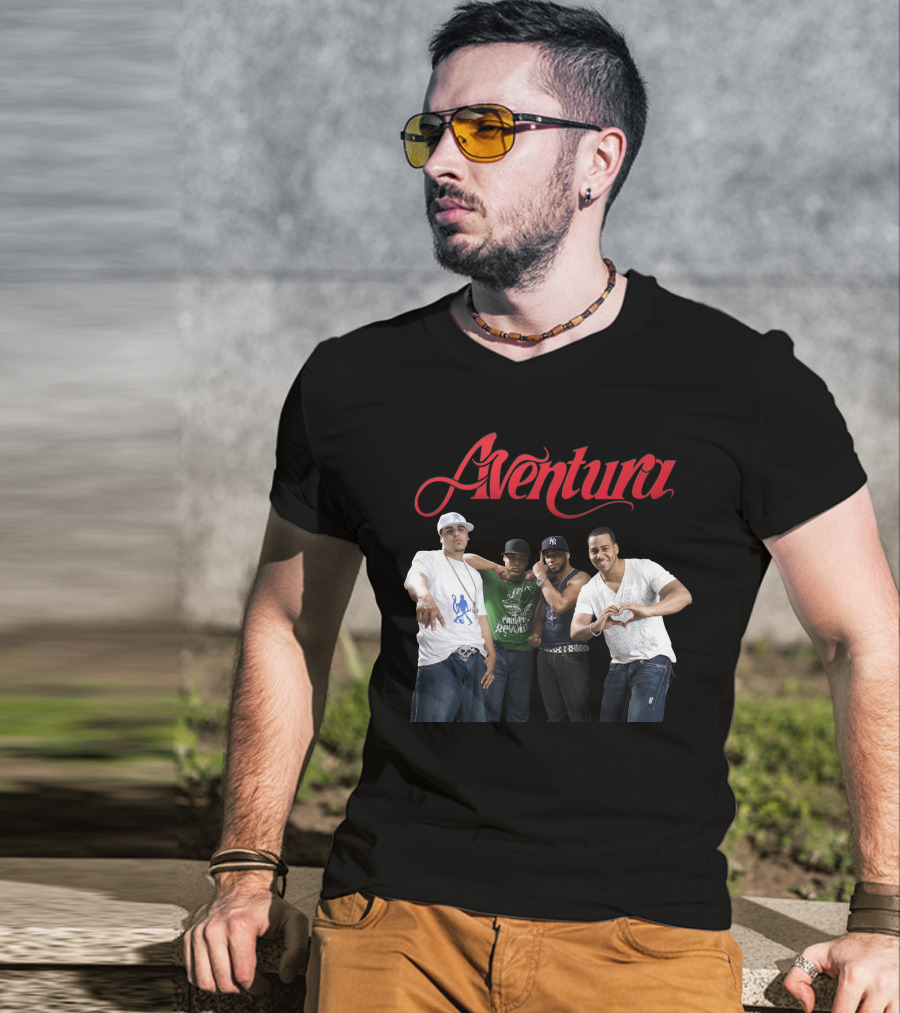Aventura Band Red Script Logo Casual Group Photo T-Shirt