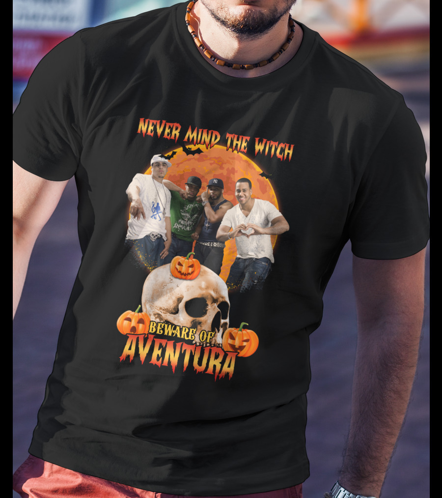 Never Mind The Witch Beware Of Aventura Halloween Pumpkin Skull Scene T-Shirt