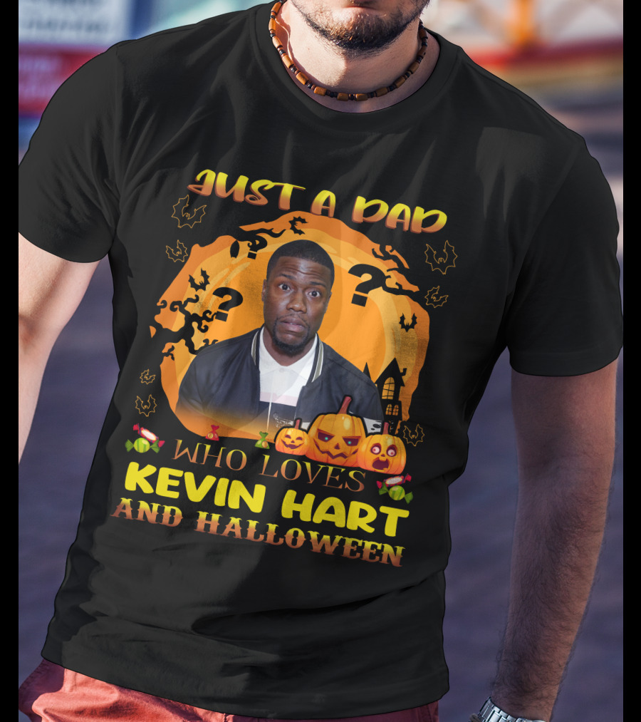 Just A Dad Who Loves Kevin Hart Surrounded By Spooky Halloween Pumpkins And Moon T-Shirt