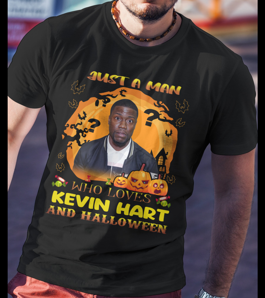Just A Man Who Loves Kevin Hart And Halloween With Pumpkins And Bats T-Shirt