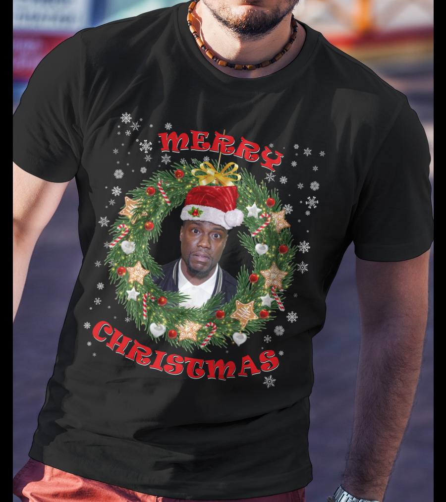 Merry Christmas Kevin Hart Santa Hat Christmas Wreath T-Shirt