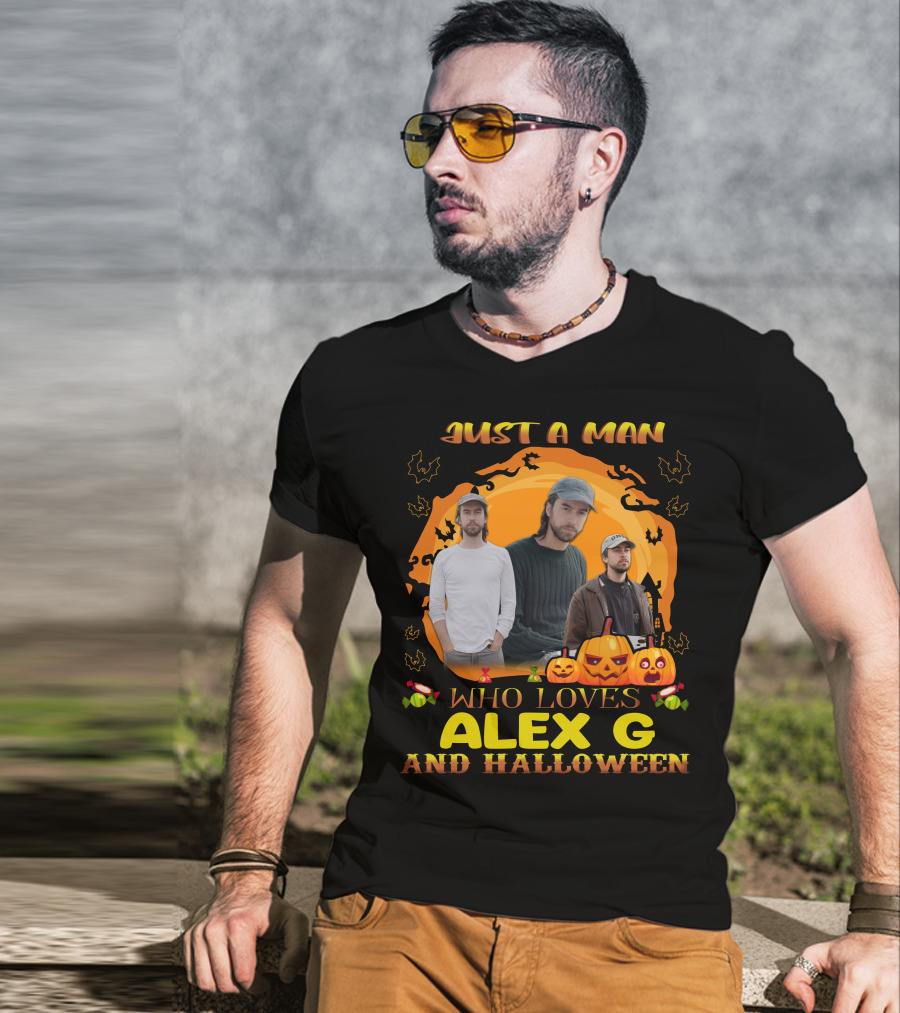 Just A Man Who Loves Alex G And Halloween Pumpkin Candy Bats Scene T-Shirt