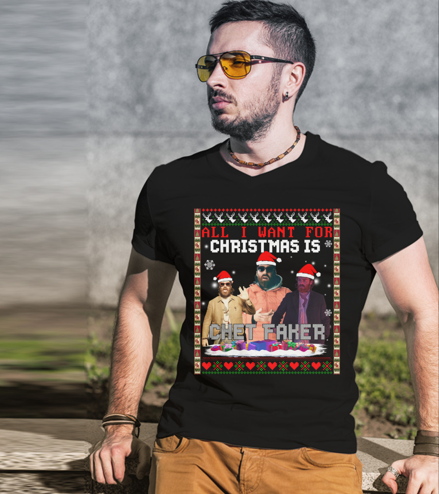 All I Want For Christmas Is Chet Faker Red Santa Hats Snowflakes Presents T-Shirt