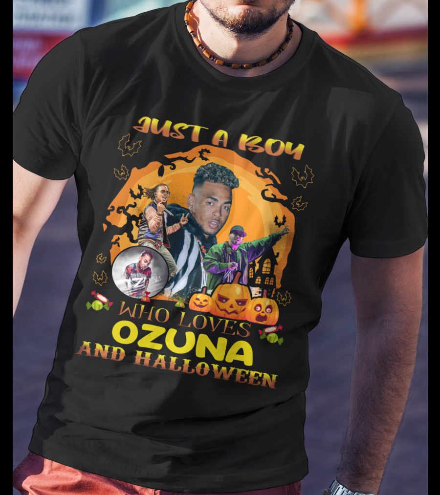 Just A Boy Who Loves Ozuna And Halloween Pumpkins Bats And Haunted House T-Shirt