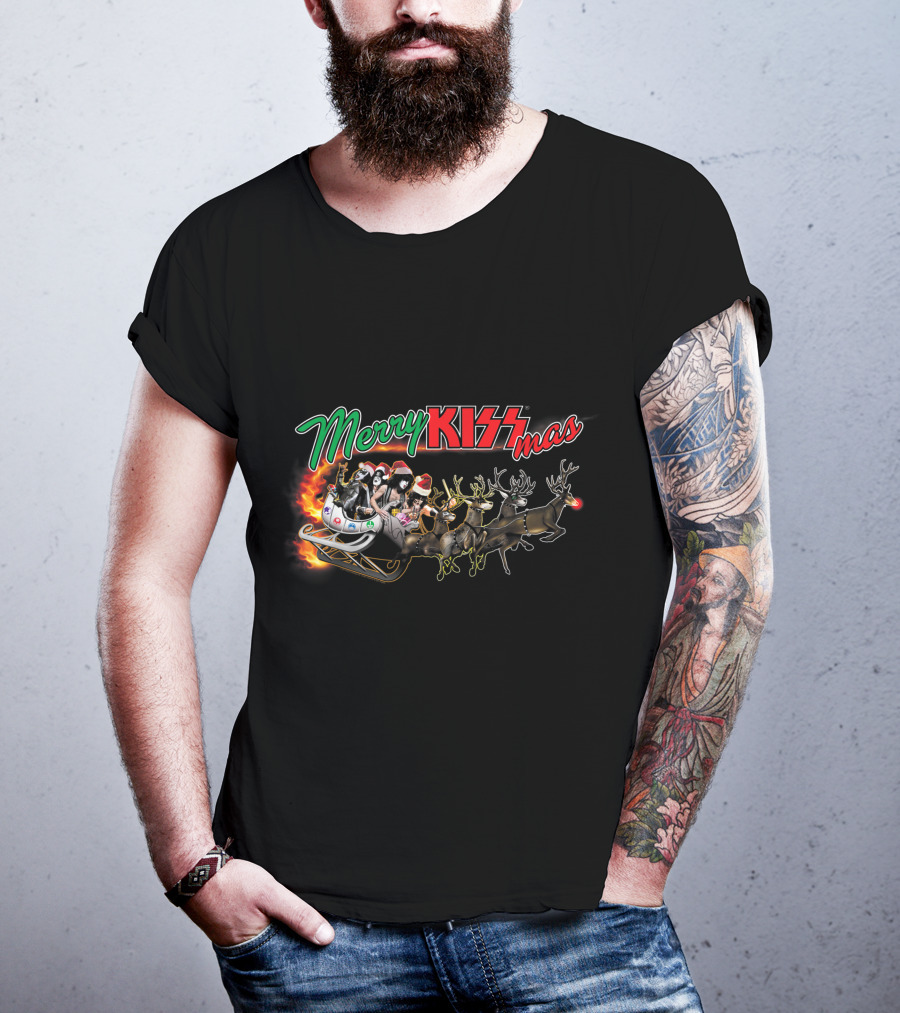 Merry KISSmas Sleigh With Santa And Reindeer T-Shirt
