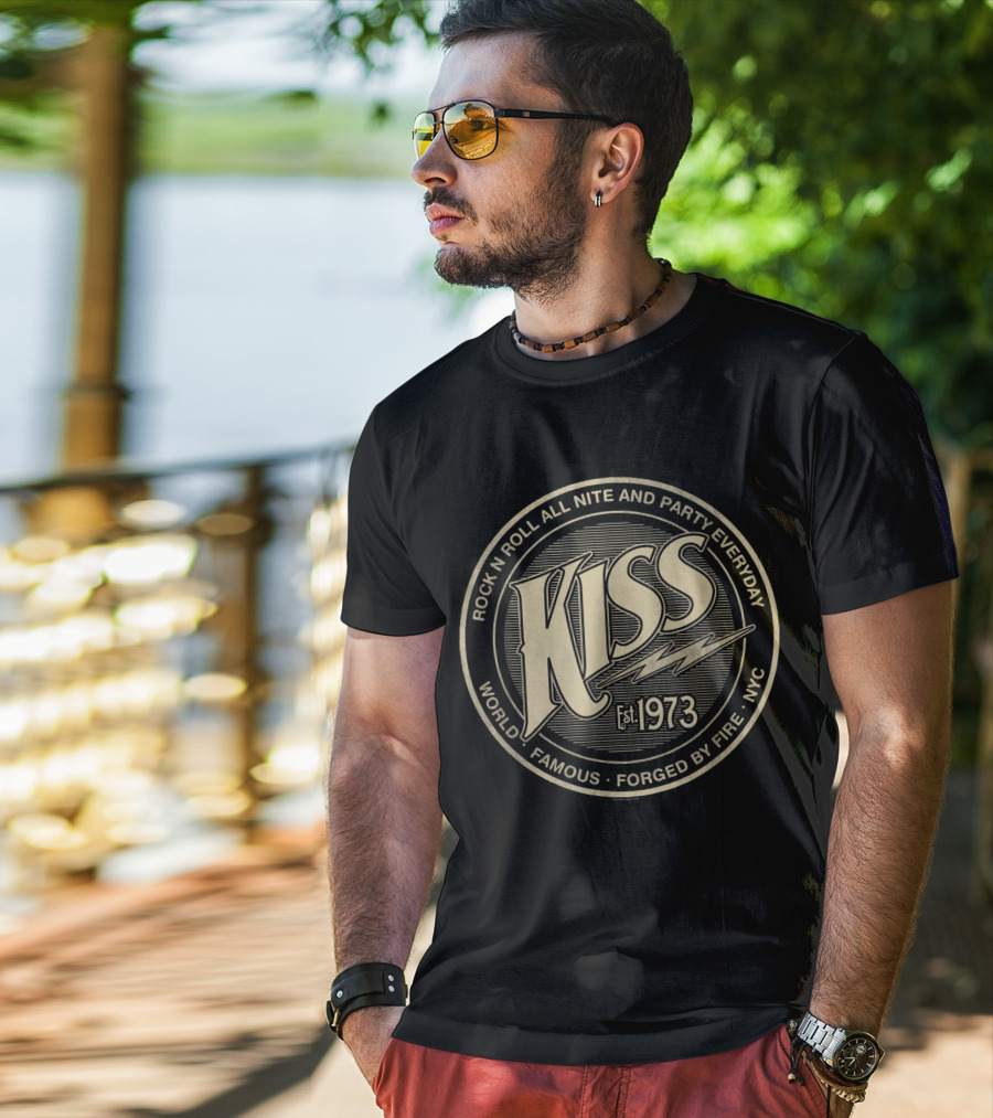 KISS Rock N Roll All Nite And Party Everyday World Famous Est. 1973 Forged By Fire NYC T-Shirt