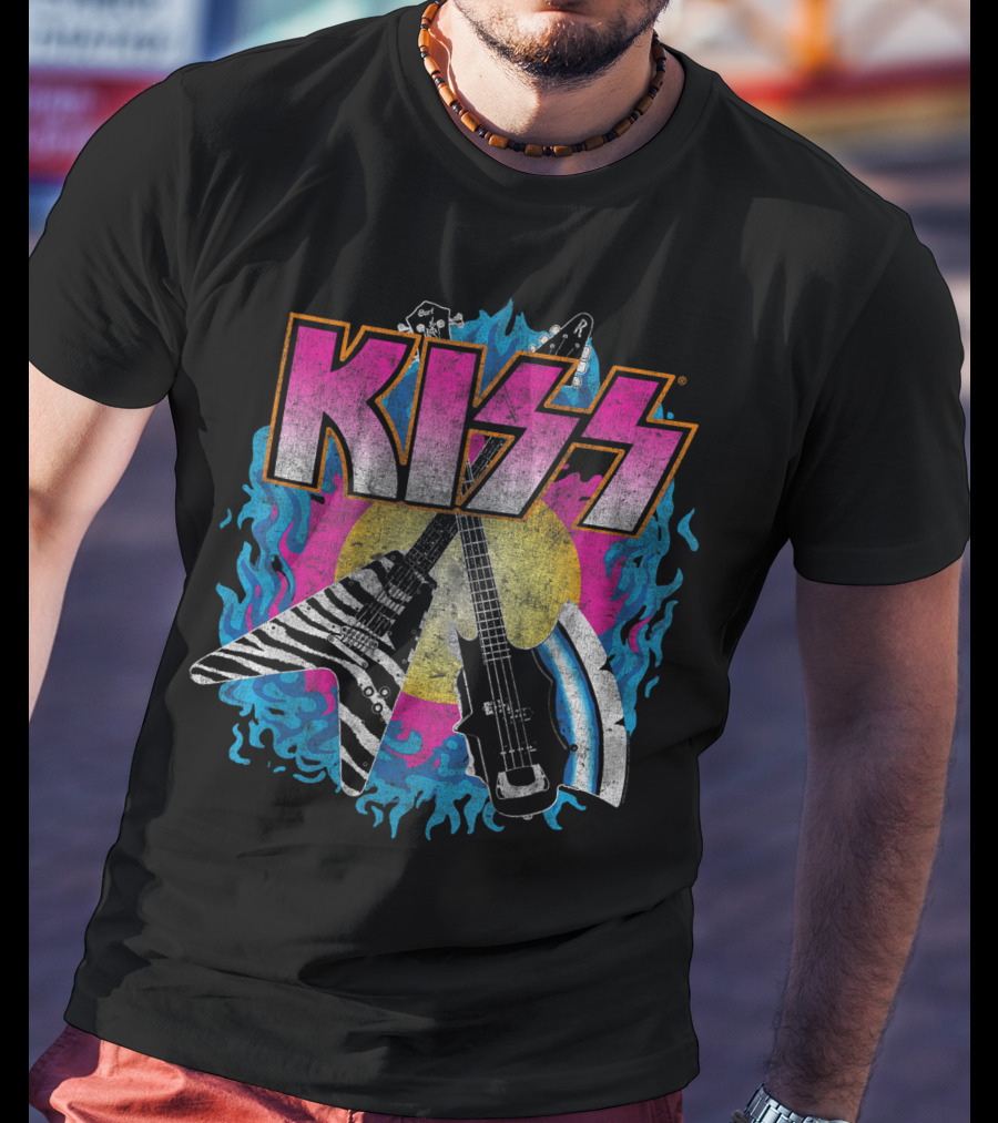 KISS Young Wasted Zebra Stripe Flying V And Bass With Flaming Background T-Shirt