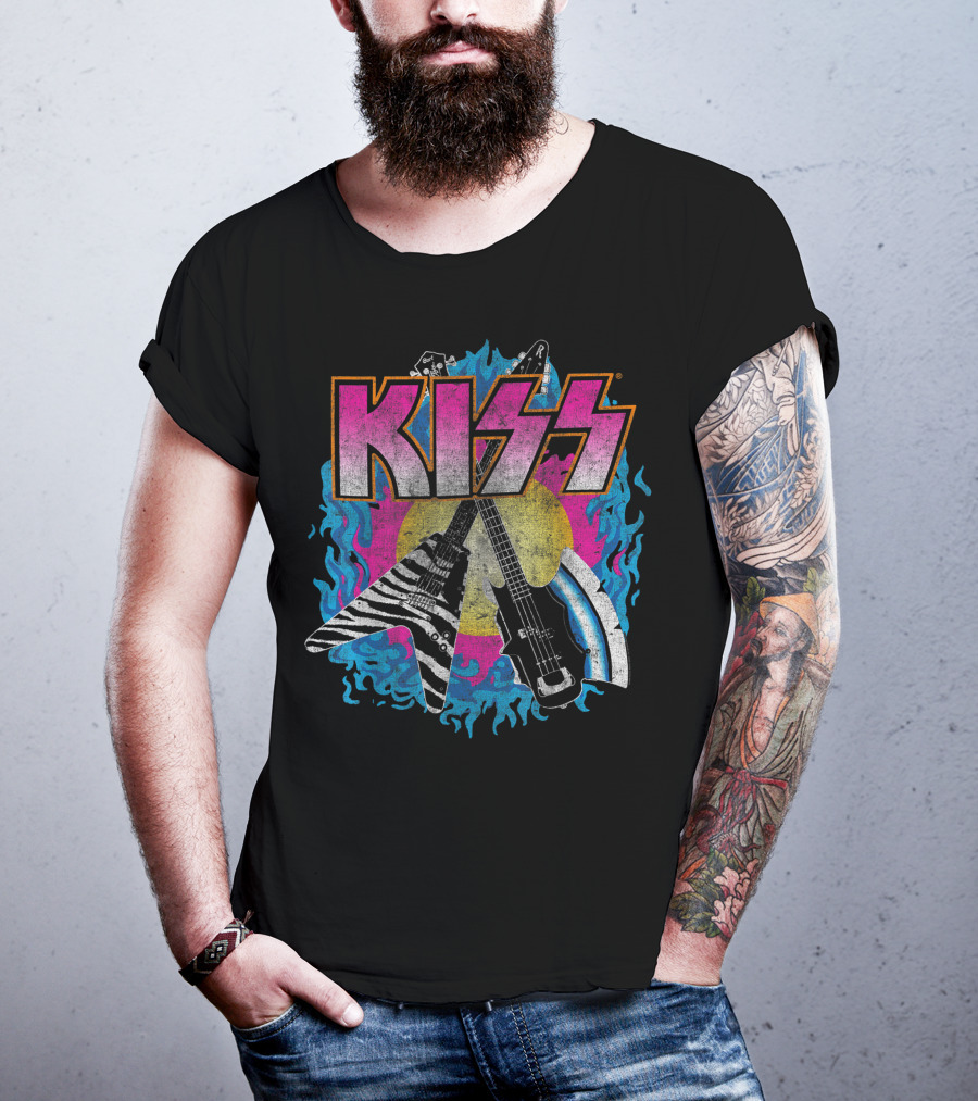 KISS Young Wasted Zebra Stripe Flying V And Bass With Flaming Background T-Shirt