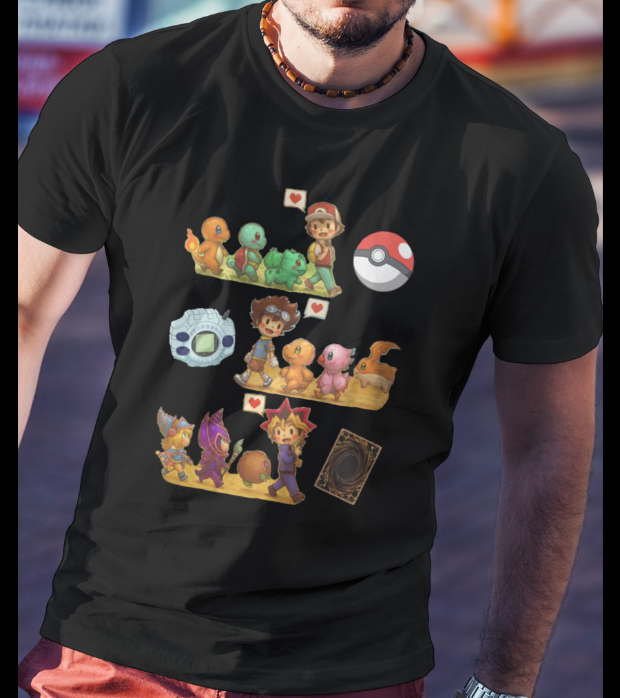 Pokémon Digimon Yu-Gi-Oh Adventure Characters With Love Symbols T-Shirt