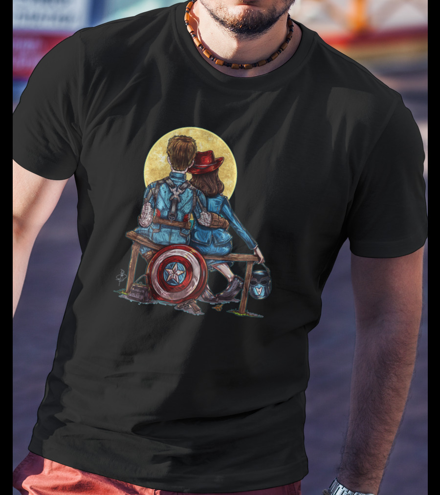 Marvel Captain America Moonlight Bench Scene With Shield And Helmet T-Shirt