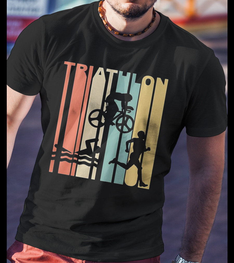 Vintage Triathlon Swimming Cycling Running Silhouettes Retro Stripes T-Shirt