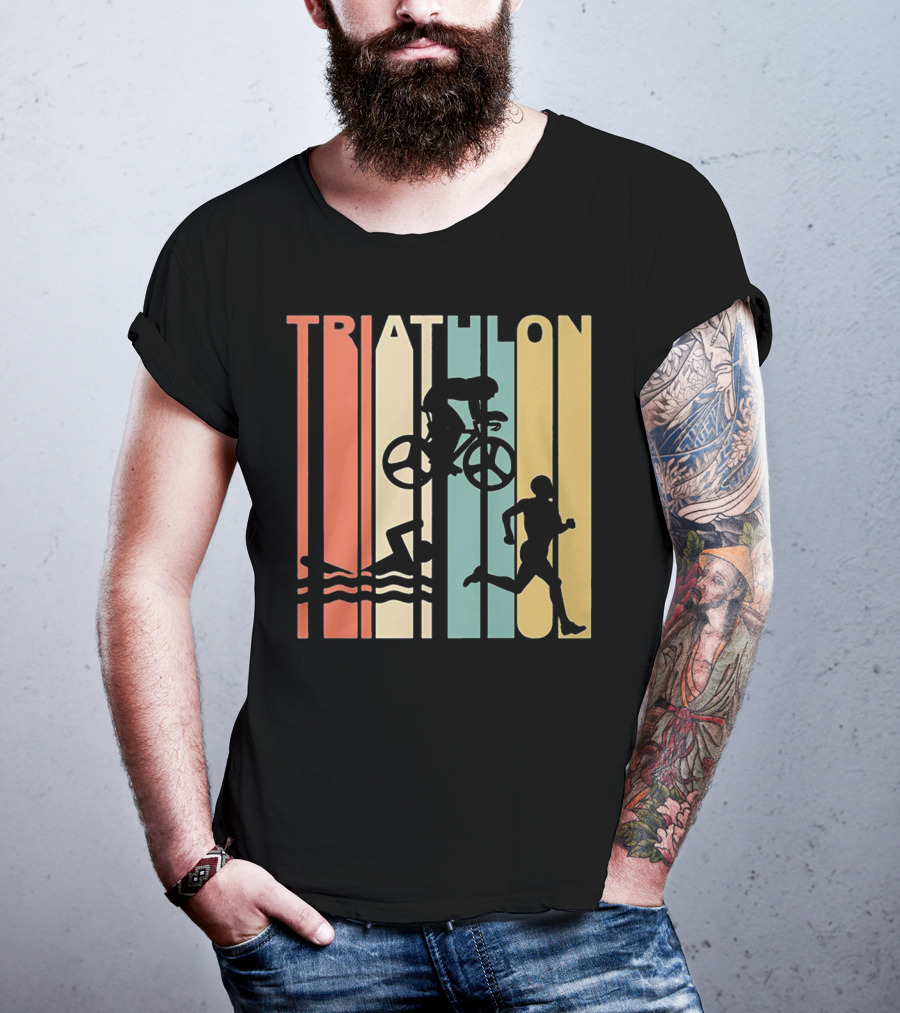 Vintage Triathlon Swimming Cycling Running Silhouettes Retro Stripes T-Shirt