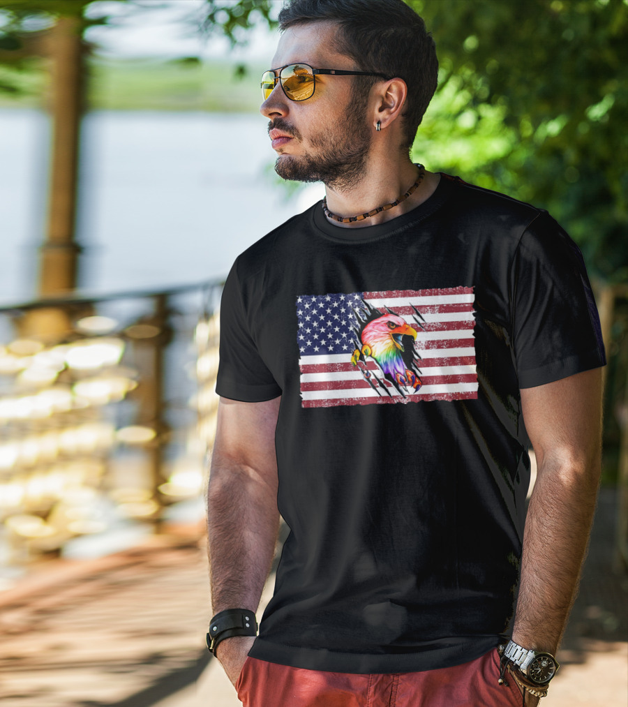 Eagle Rainbow Pride American Flag Burst T-Shirt