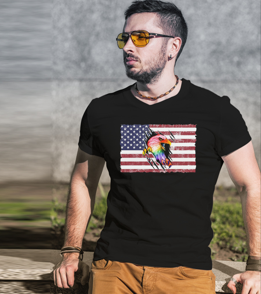 Eagle Rainbow Pride American Flag Burst T-Shirt