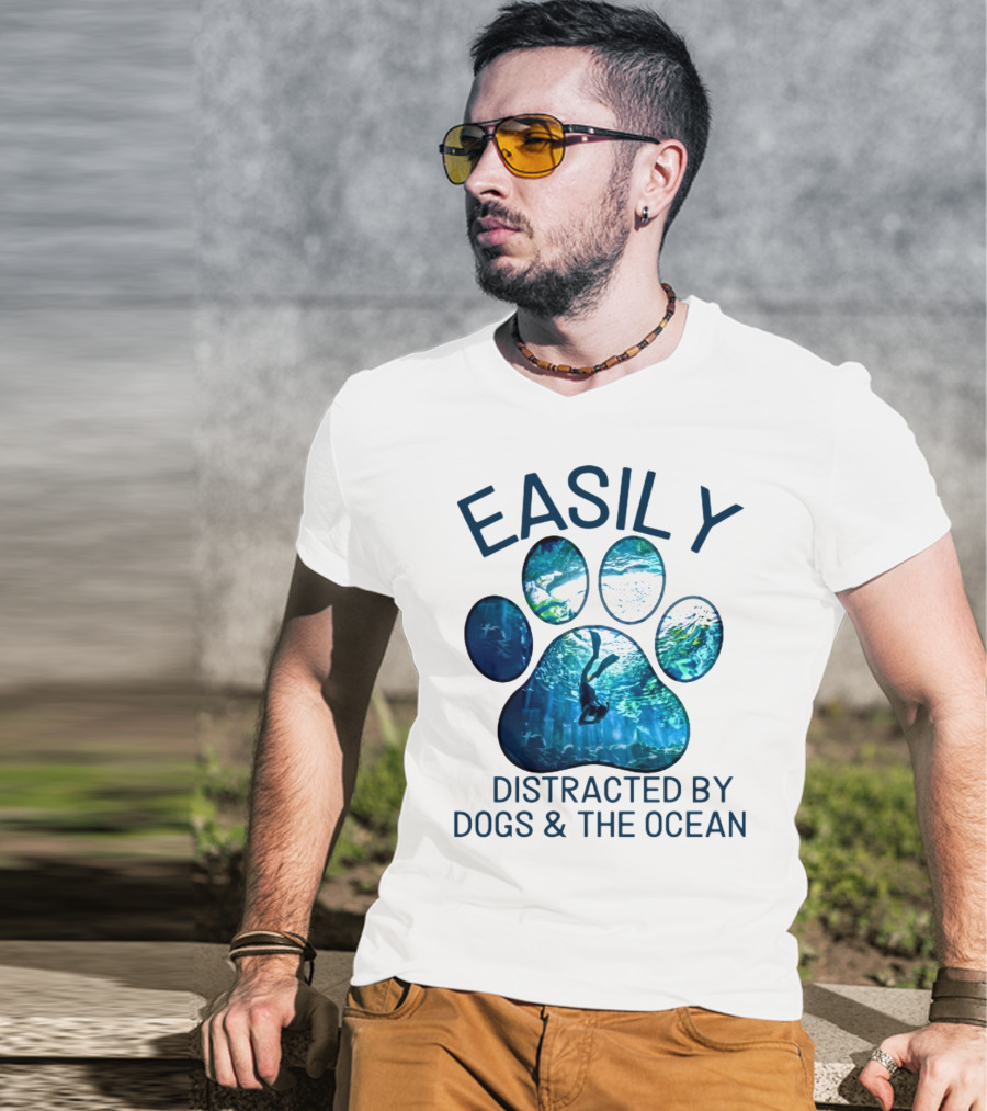 Easily Distracted By Dogs And The Ocean With Aquarium Pawprint T-Shirt