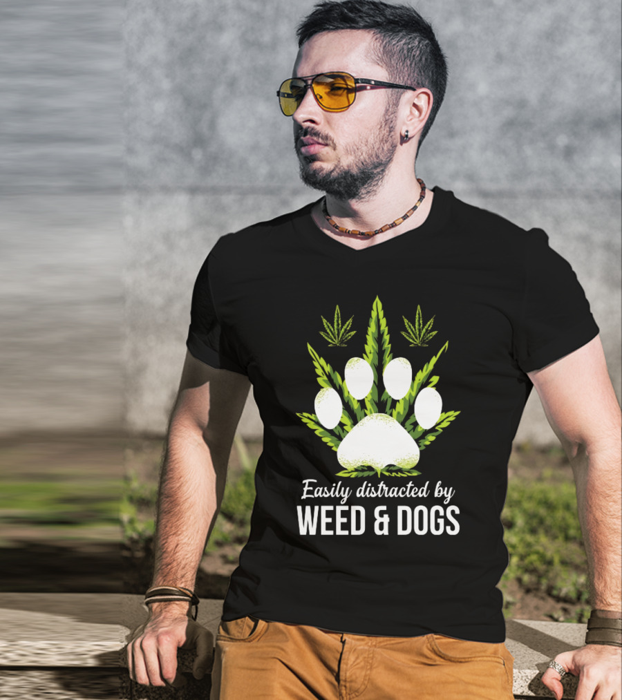 Easily Distracted By Weed And Dogs With Paw And Cannabis Leaves T-Shirt