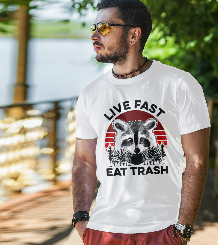 Live Fast Eat Trash Raccoon Forest Sunset T-Shirt