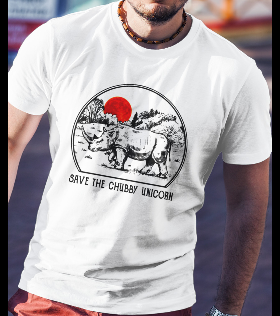 Save The Chubby Unicorn Rhino Illustration With Red Sun And Landscape T-Shirt