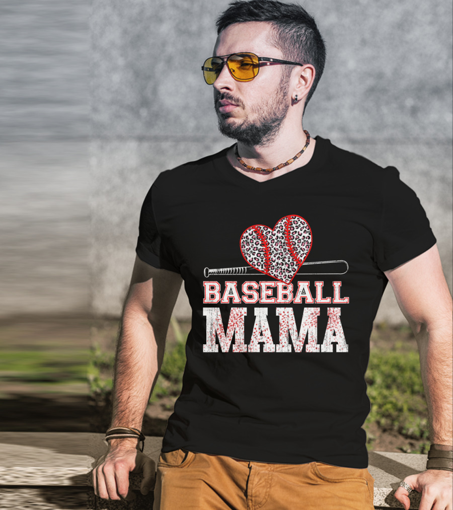 Baseball Mama Leopard Heart Bat T-Shirt